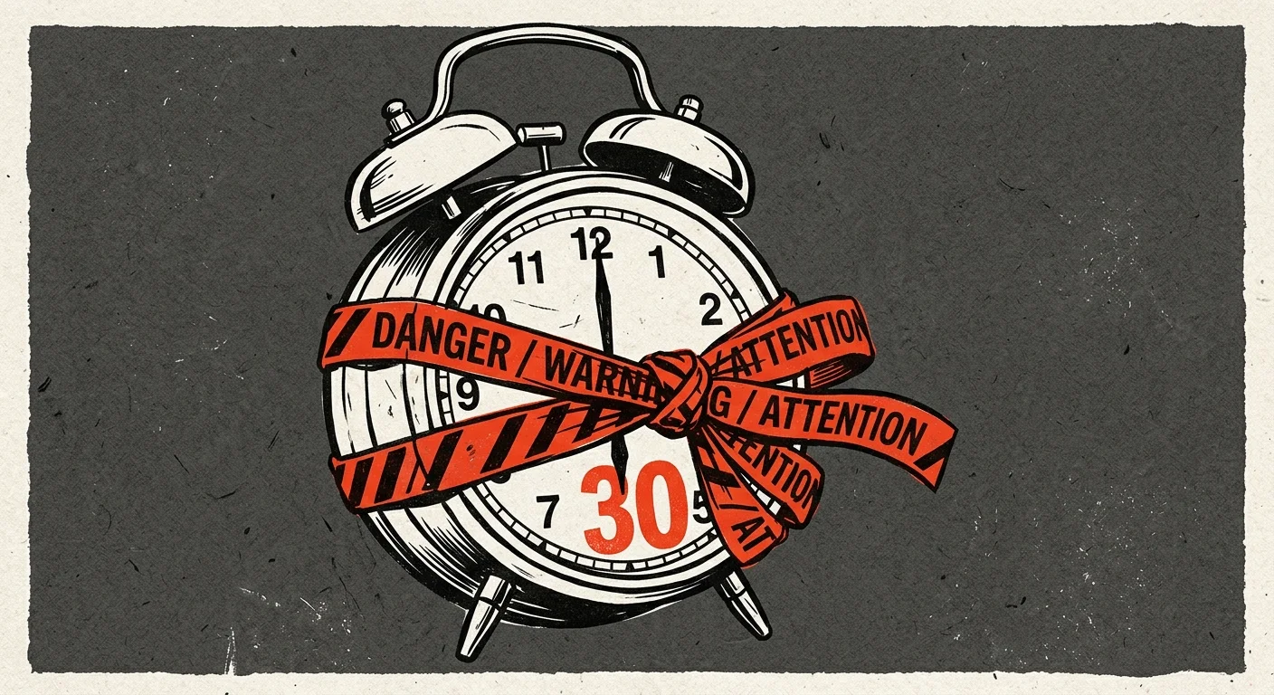 Graphic illustration of an alarm clock with a red warning ribbon wrapped around the number 30, symbolizing a critical deadline.
