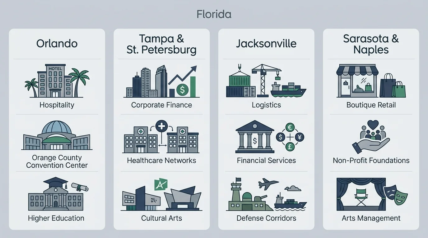 Four-column infographic listing Florida cities and industry icons for Orlando, Tampa, Jacksonville, and Sarasota.
