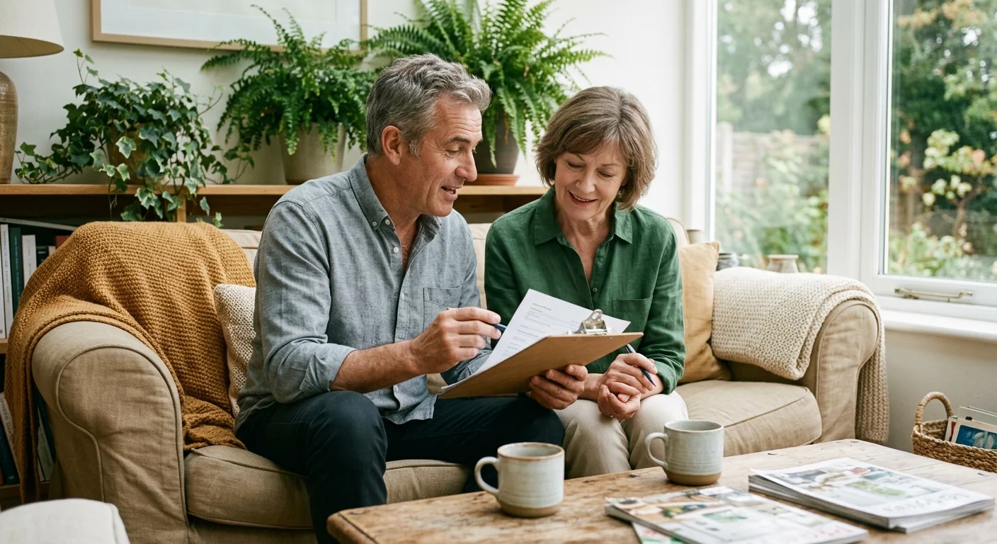 A mature couple sits together on a couch in a living room, reviewing paperwork on a clipboard.