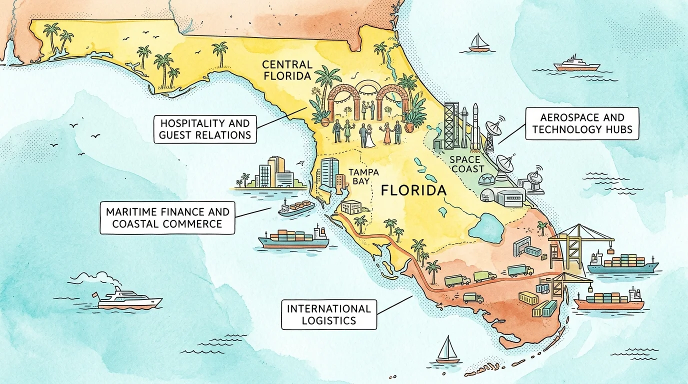 Illustrated map of Florida highlighting regional industry sectors including aerospace, logistics, hospitality, and commerce.
