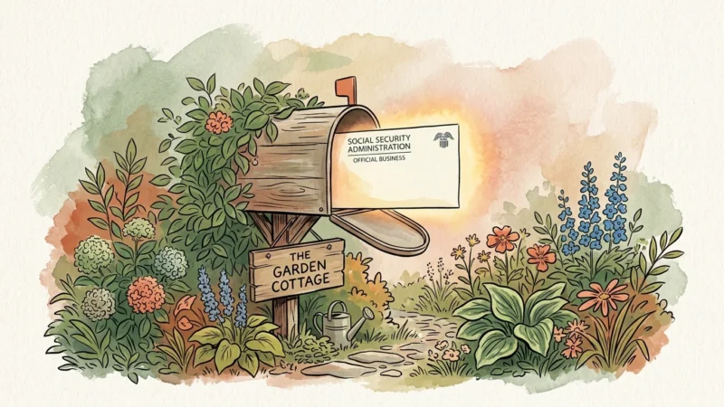 Illustration of a stylized mailbox with a glowing official envelope from the Social Security Administration.