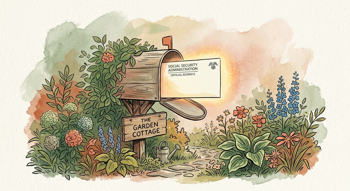 Illustration of a stylized mailbox with a glowing official envelope from the Social Security Administration.