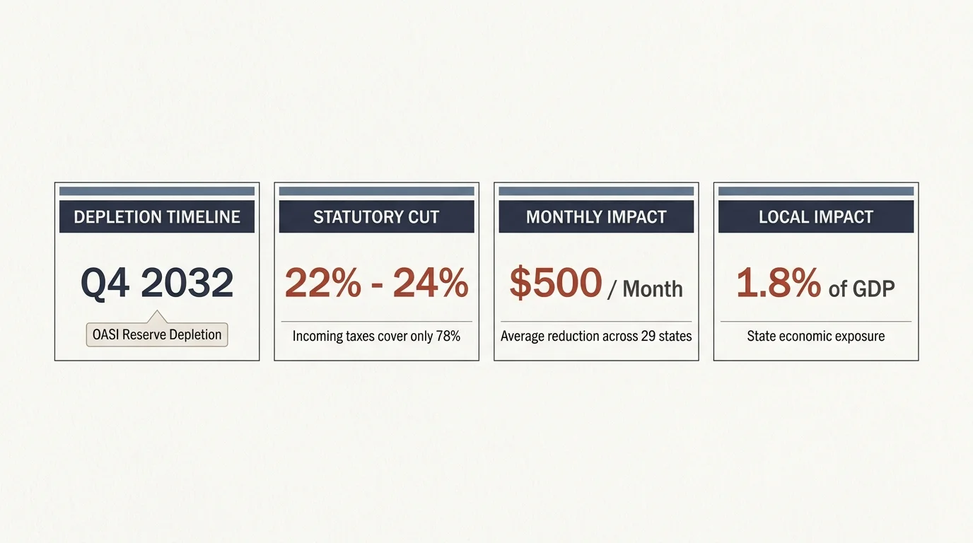 Four informational cards displaying key figures for Social Security depletion timeline, cuts, and monthly impacts.