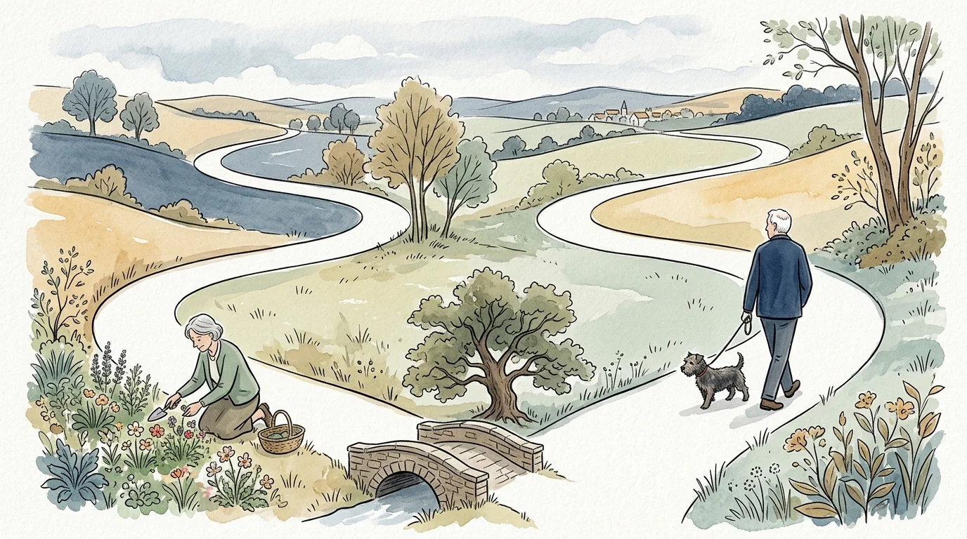 Ink and watercolor art showing two separate paths winding through a peaceful landscape, symbolizing independent lives.