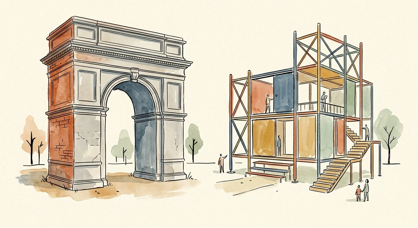 Ink and watercolor editorial illustration comparing a stable stone archway to a shifting modular scaffolding structure.