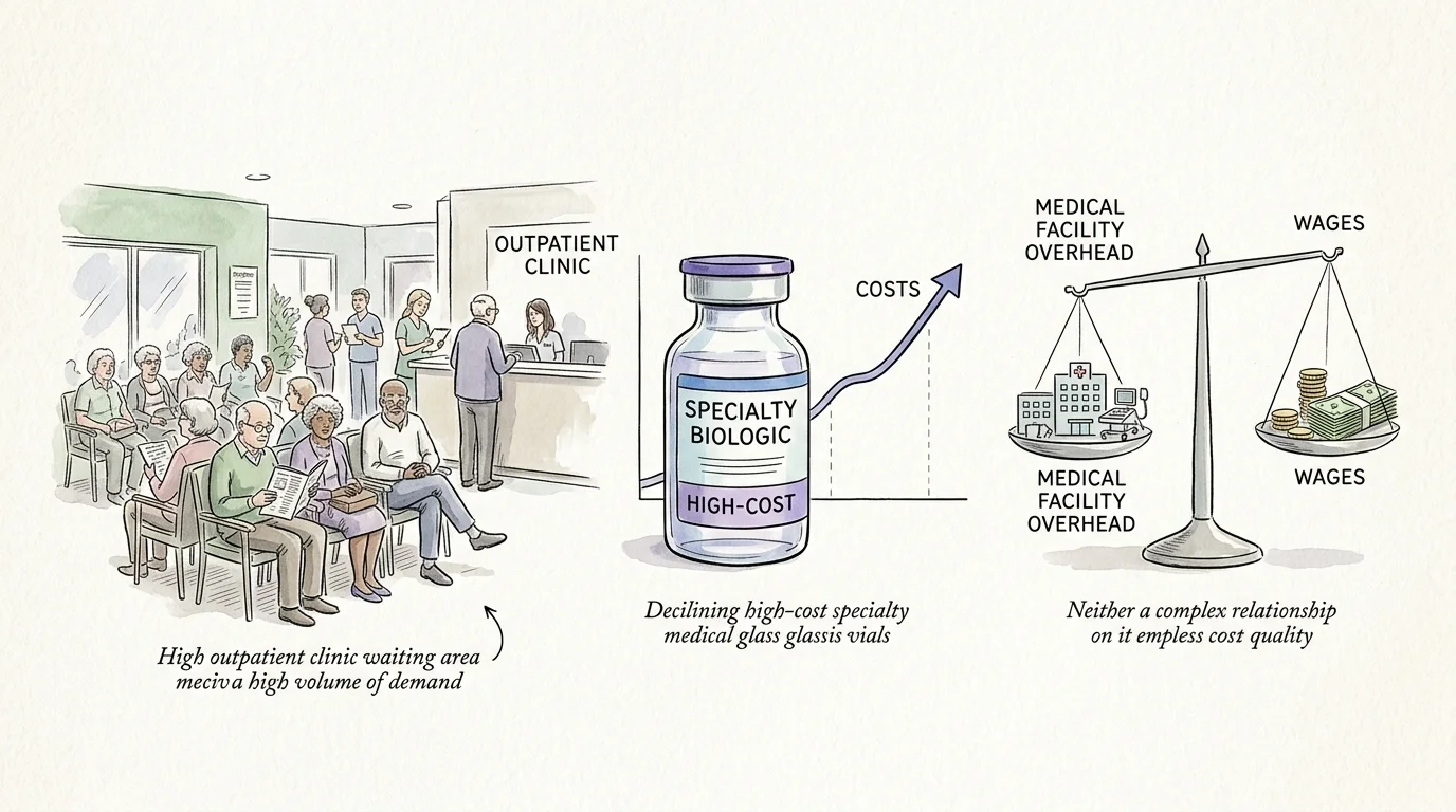 Ink and watercolor editorial illustration depicting outpatient medical care volume and specialty drug costs.