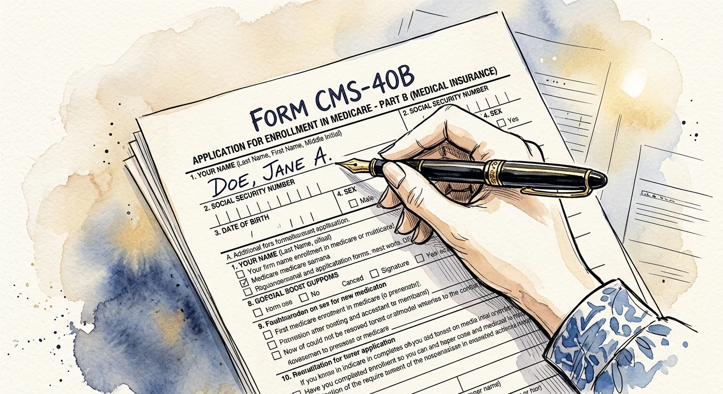 Ink and watercolor illustration of a hand signing 'Form CMS-40B' with a classic fountain pen.