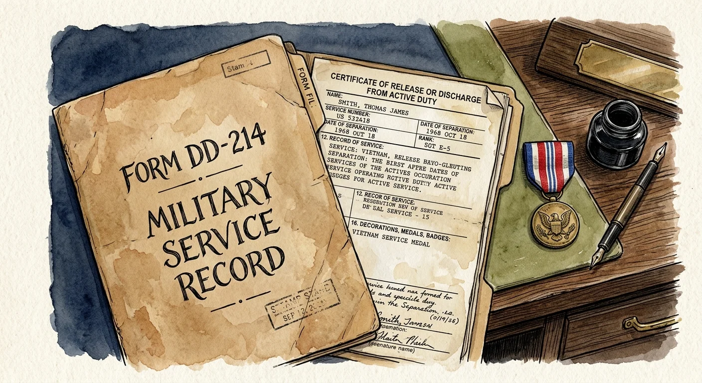 Ink and watercolor illustration of a military folder labeled Form DD-214 resting next to a small service medal.