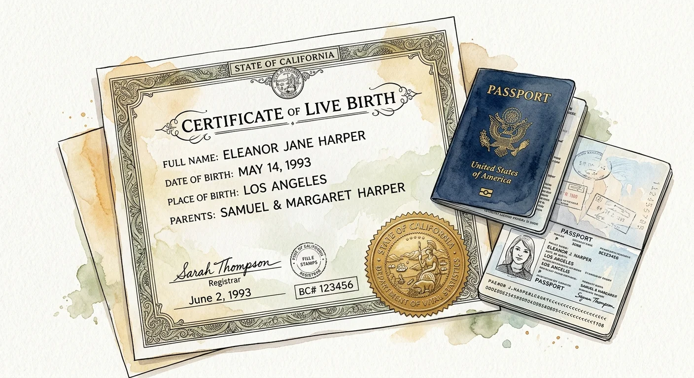 Ink and watercolor illustration of an official birth certificate with a gold seal alongside a U.S. passport.