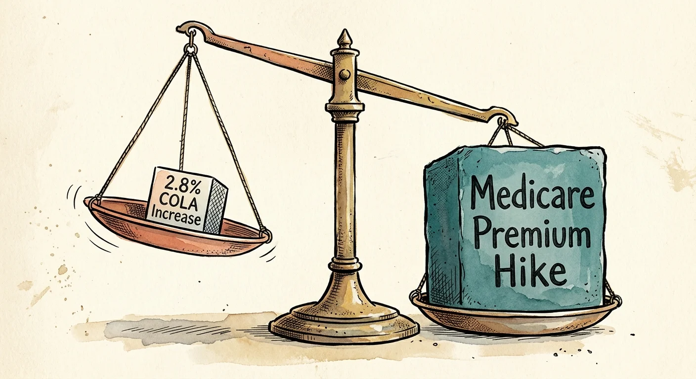 Ink and watercolor illustration showing a large Medicare hike outweighing a small 2.8% Social Security COLA on a scale.