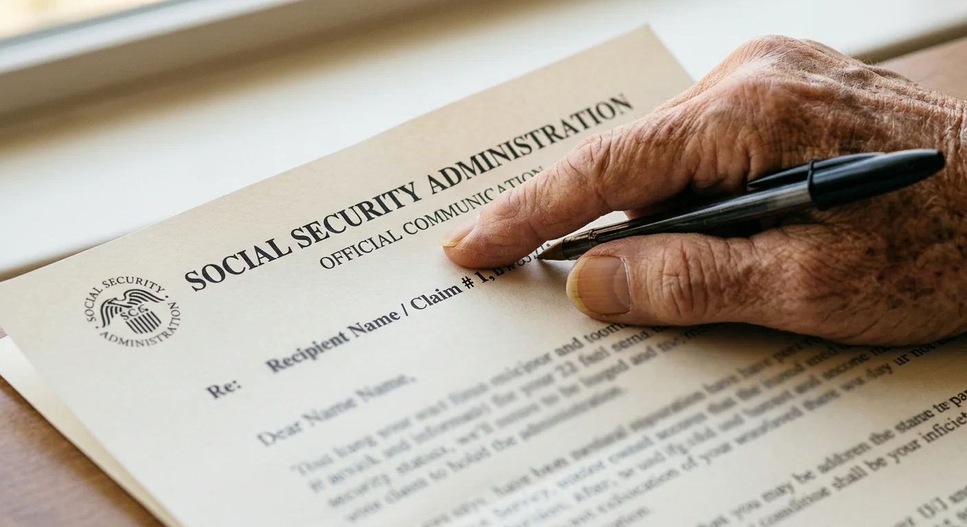Macro photograph of a hand pointing a pen at the Social Security Administration letterhead on an official government notice.