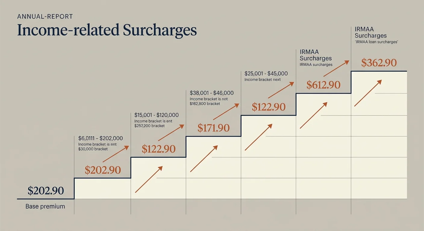 Minimalist diagram mapping out the escalating tiers of high-income IRMAA surcharges for Medicare Part B.