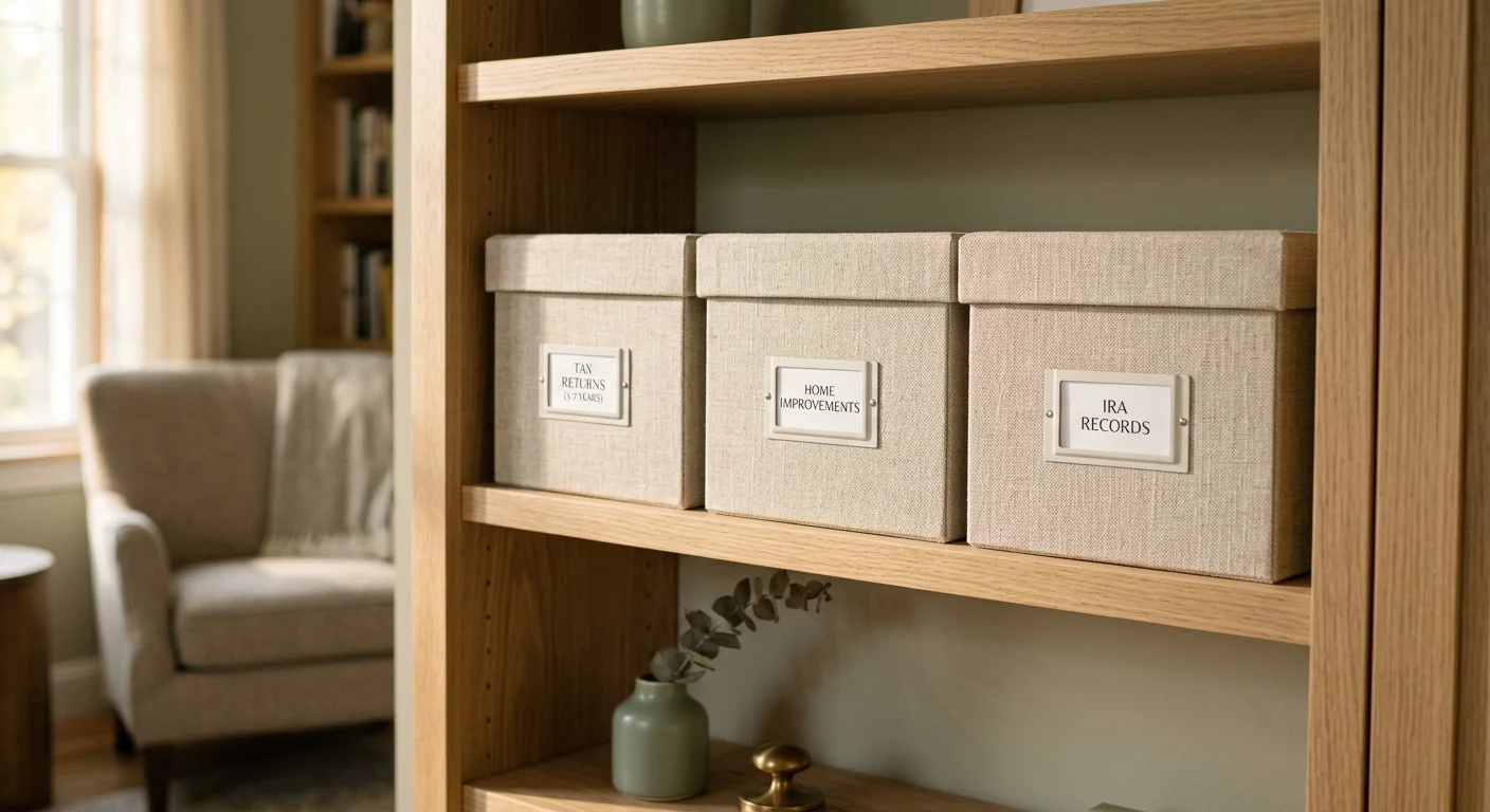 Neatly labeled linen archive boxes on an oak shelf, symbolizing organized tax record storage.