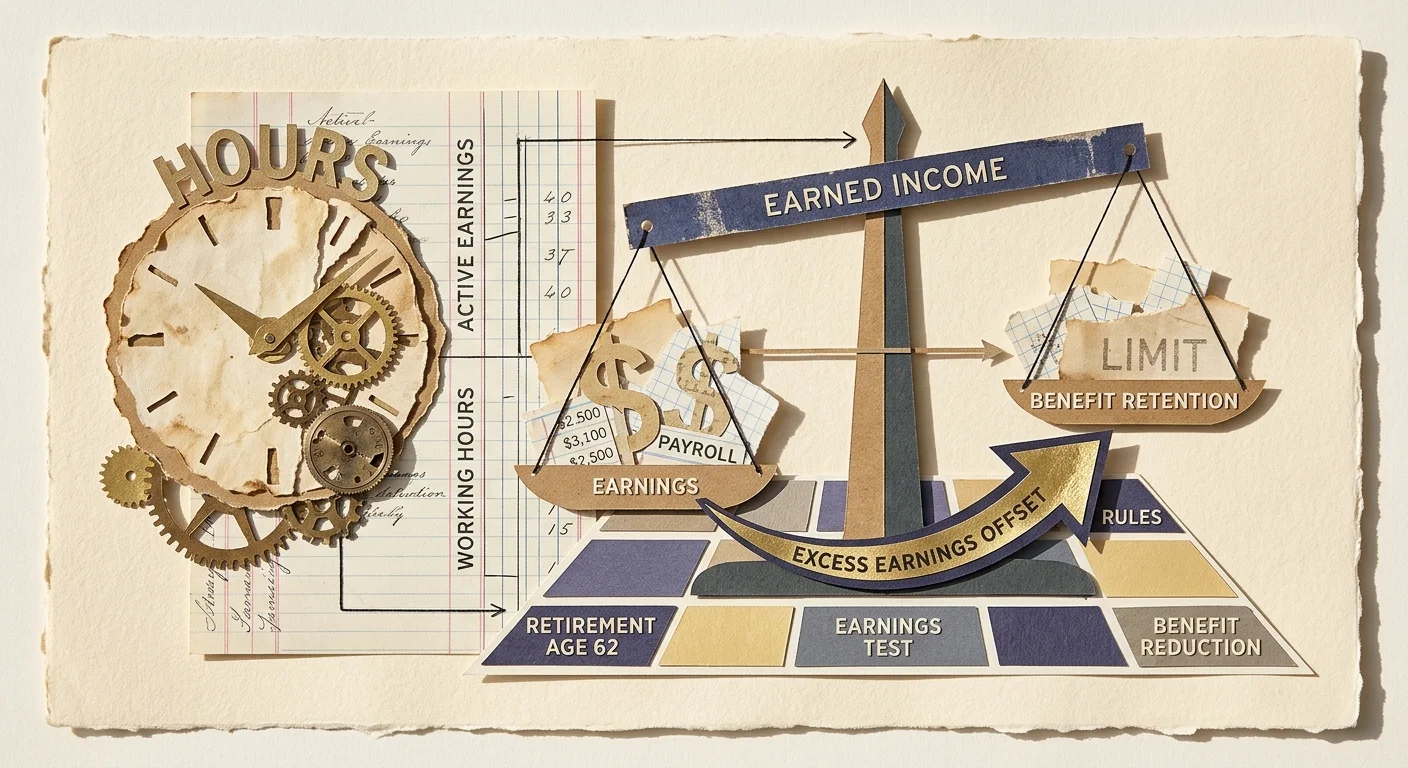 Mixed-media paper collage featuring a clock with gears, ledger sheets, and a scale balancing earned income and limits.