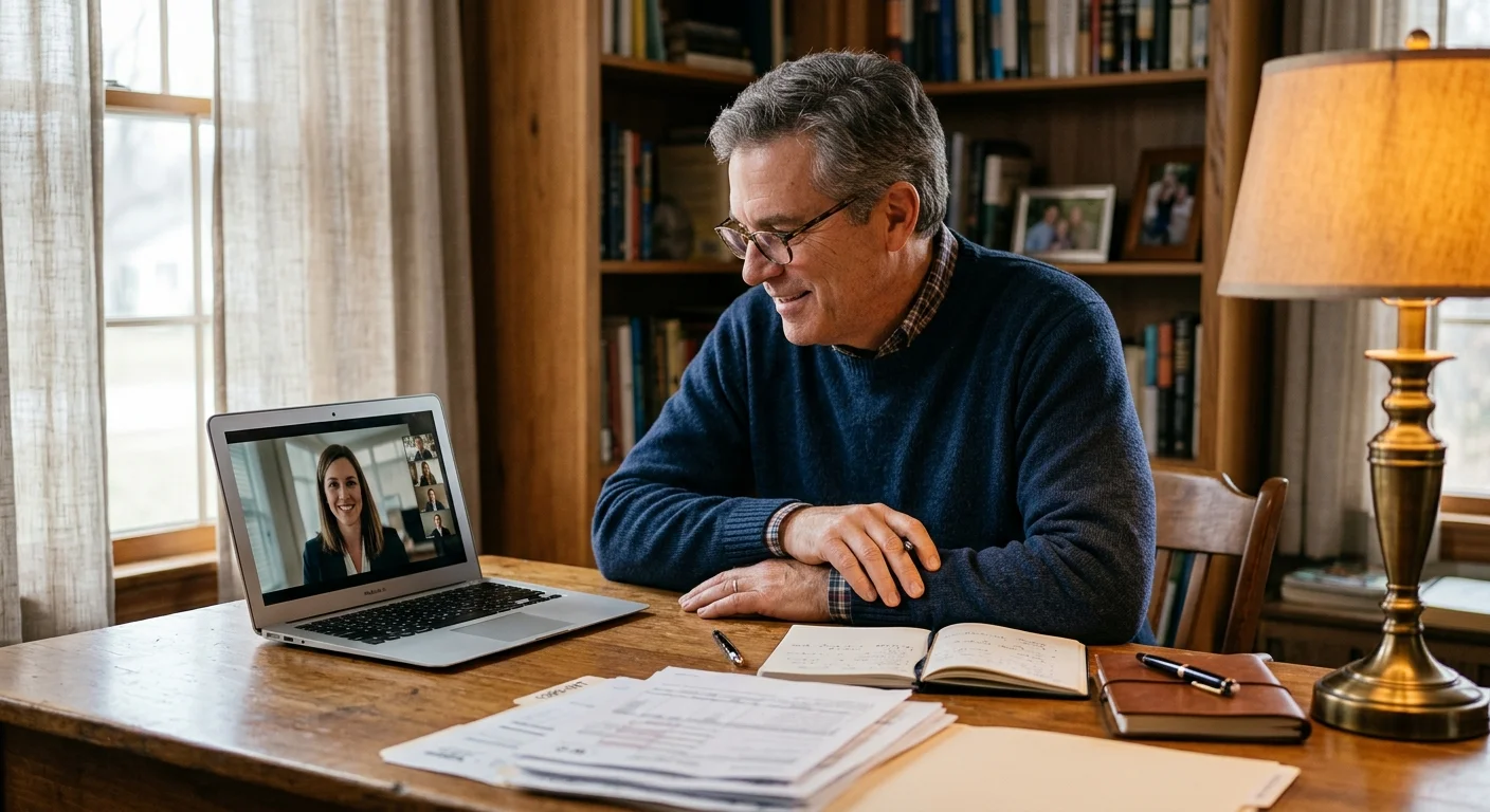 A man sits at a wooden desk with documents, having a video conference on his laptop.