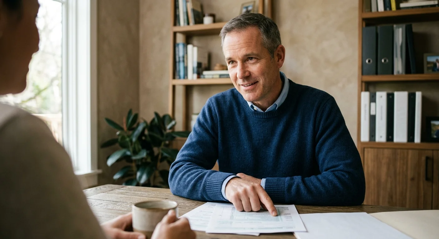 Photo of a financial advisor explaining a document to a client in a warm, sunlit home office environment.