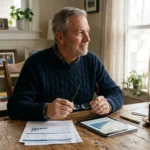 A mature man in a blue sweater sits at a wooden table reviewing financial documents and a digital tablet.