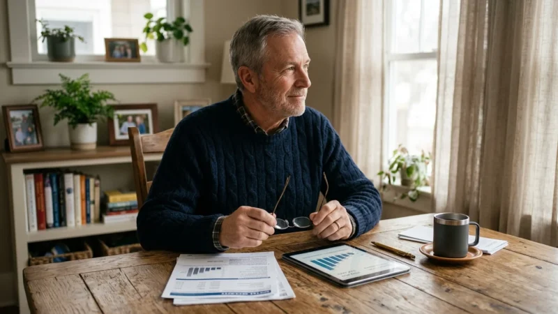A mature man in a blue sweater sits at a wooden table reviewing financial documents and a digital tablet.