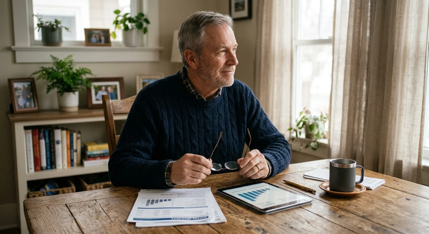 A mature man in a blue sweater sits at a wooden table reviewing financial documents and a digital tablet.