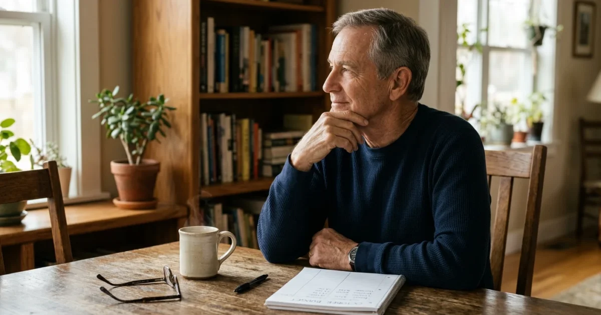 A thoughtful older man sits at a wooden dining table with a steaming mug, notepad, pen, and eyeglasses.