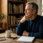 A thoughtful older man sits at a wooden dining table with a steaming mug, notepad, pen, and eyeglasses.