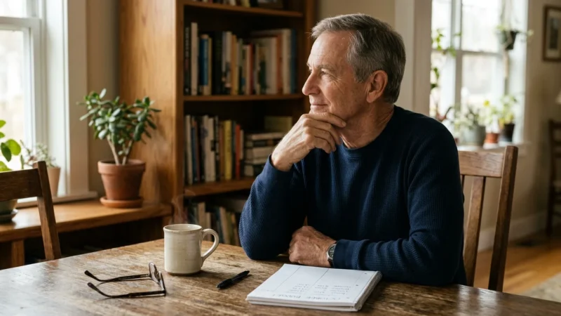 A thoughtful older man sits at a wooden dining table with a steaming mug, notepad, pen, and eyeglasses.