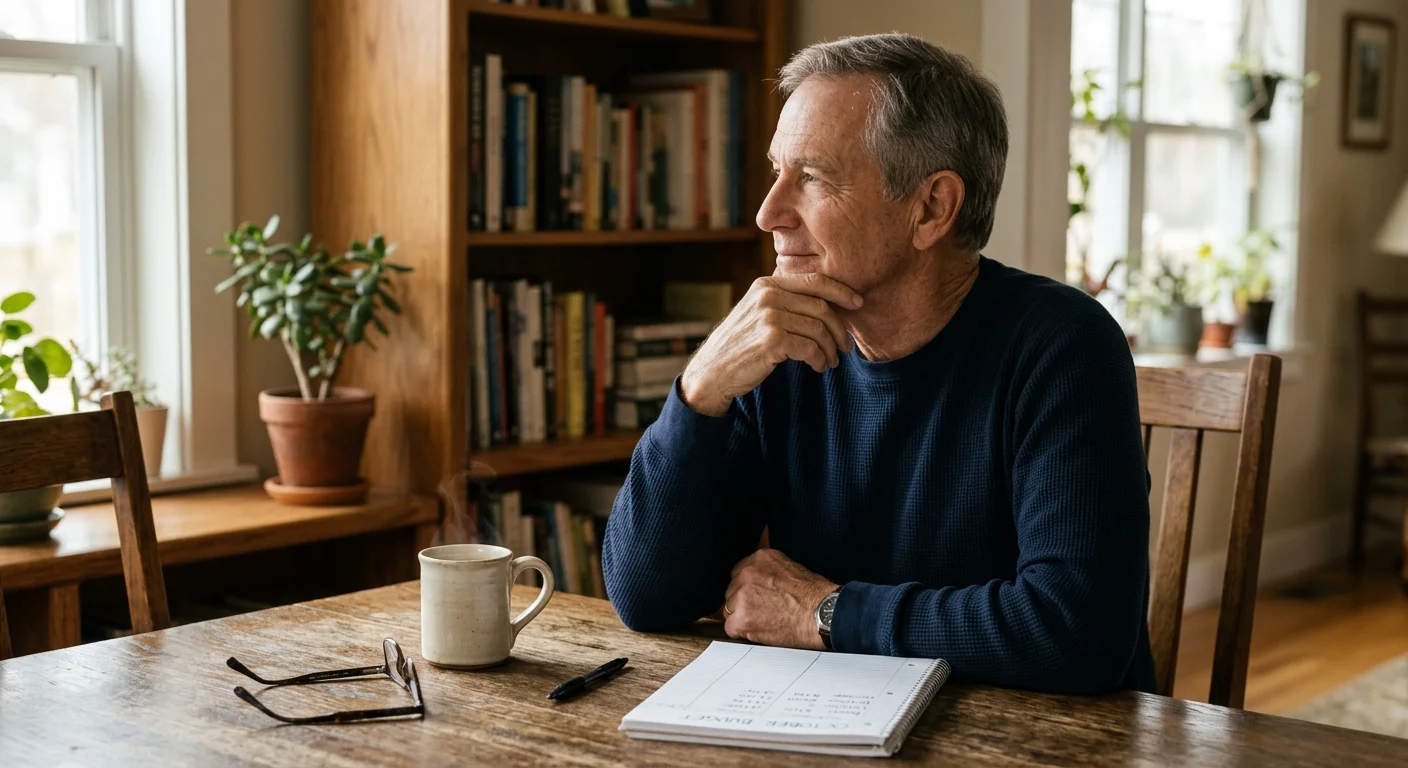A thoughtful older man sits at a wooden dining table with a steaming mug, notepad, pen, and eyeglasses.