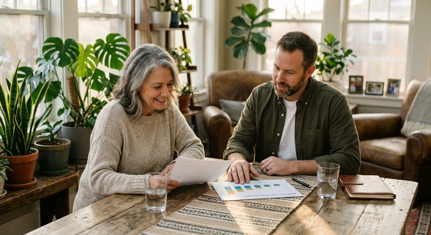 A senior woman and a man sit at a wooden table reviewing financial documents and bar charts in a bright room.