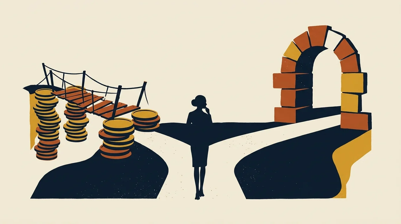 Silhouette of a woman standing at a fork in the road between a rope bridge on coin stacks and a stone archway.