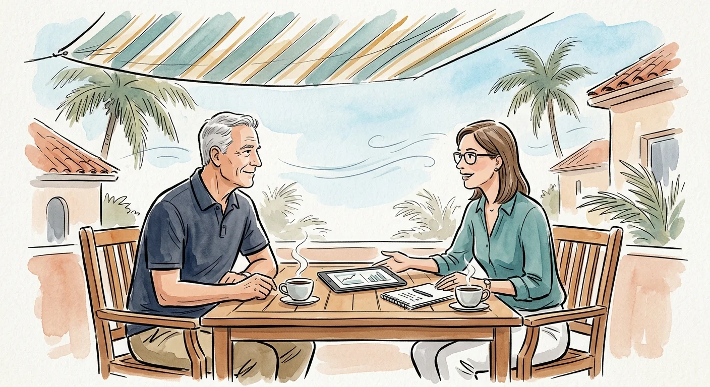 Watercolor art of a senior man discussing finances with a woman at an outdoor patio table under an awning.