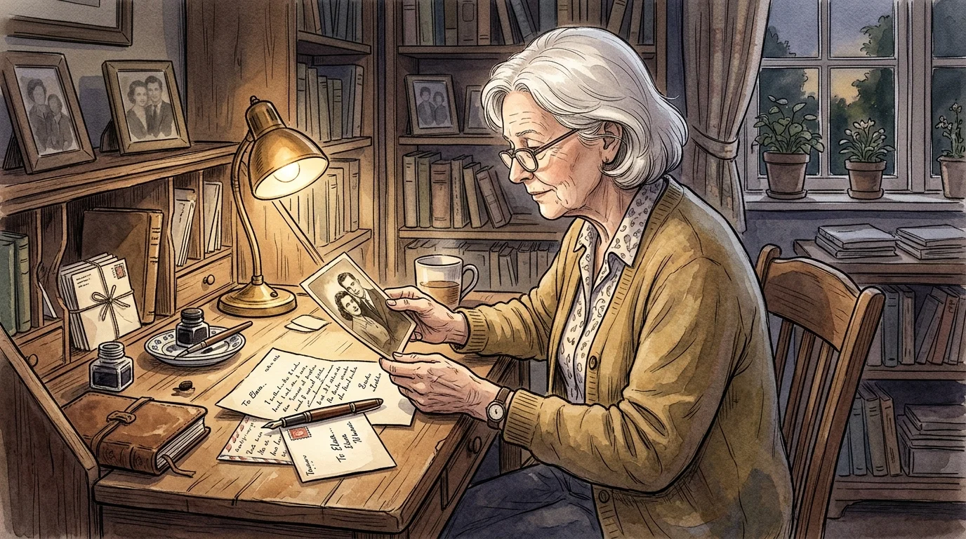 Watercolor illustration of a woman looking at a vintage black-and-white photograph under a warm desk lamp.