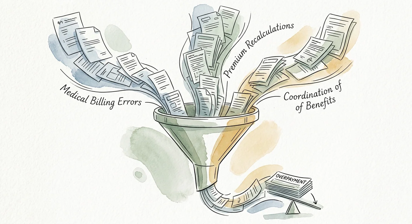 Watercolor illustration showing three document streams—billing errors, premium updates, and insurer conflicts—merging into an overpayment fu