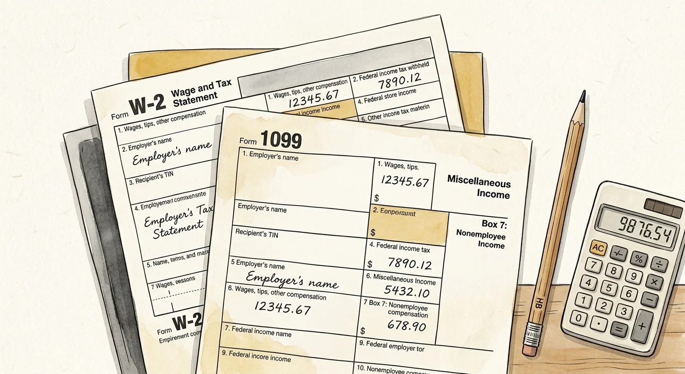 Watercolor illustration showing W-2 and 1099 tax forms neatly arranged with a pencil and calculator.