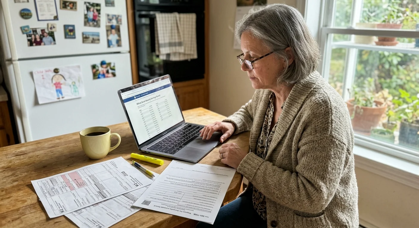 A woman with glasses looks at a laptop on a wooden kitchen table next to tax forms and a coffee mug.