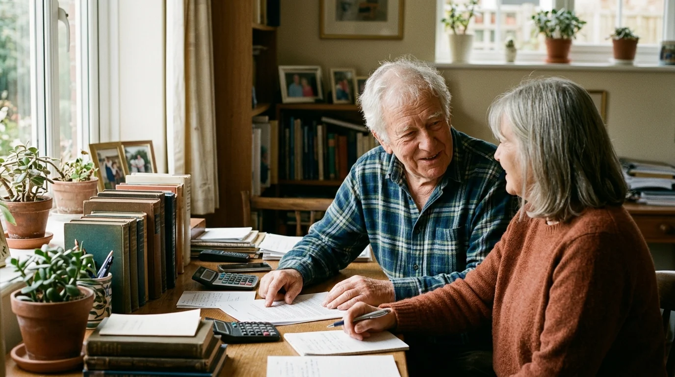 An older man and woman sit at a desk with paperwork, calculators, and books near a window.