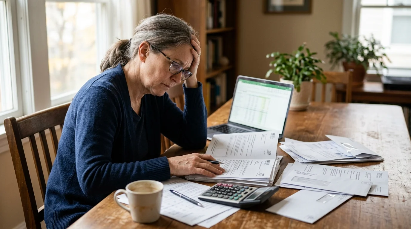 A stressed older woman sits at a wooden dining table reviewing paperwork with a laptop, calculator, and coffee cup nearby.