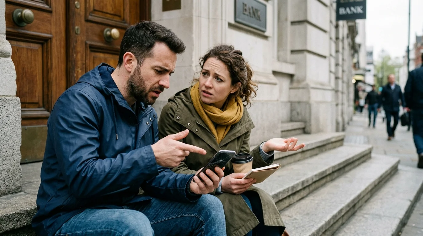 A stressed man and woman sit outside a bank looking at a smartphone with a cracked screen while talking.