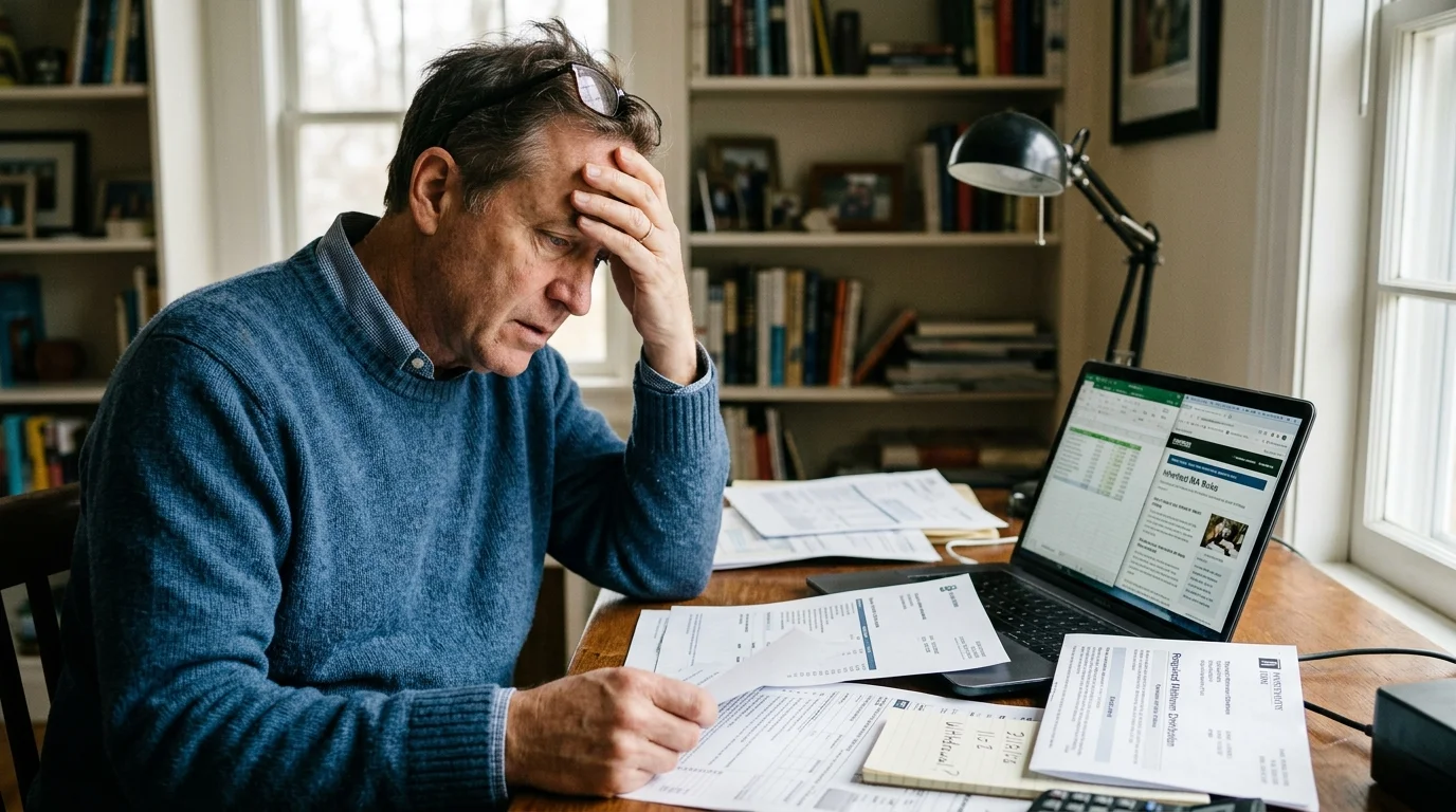 Stressed man sitting at a desk with his hand on his forehead, reviewing financial documents beside a laptop.