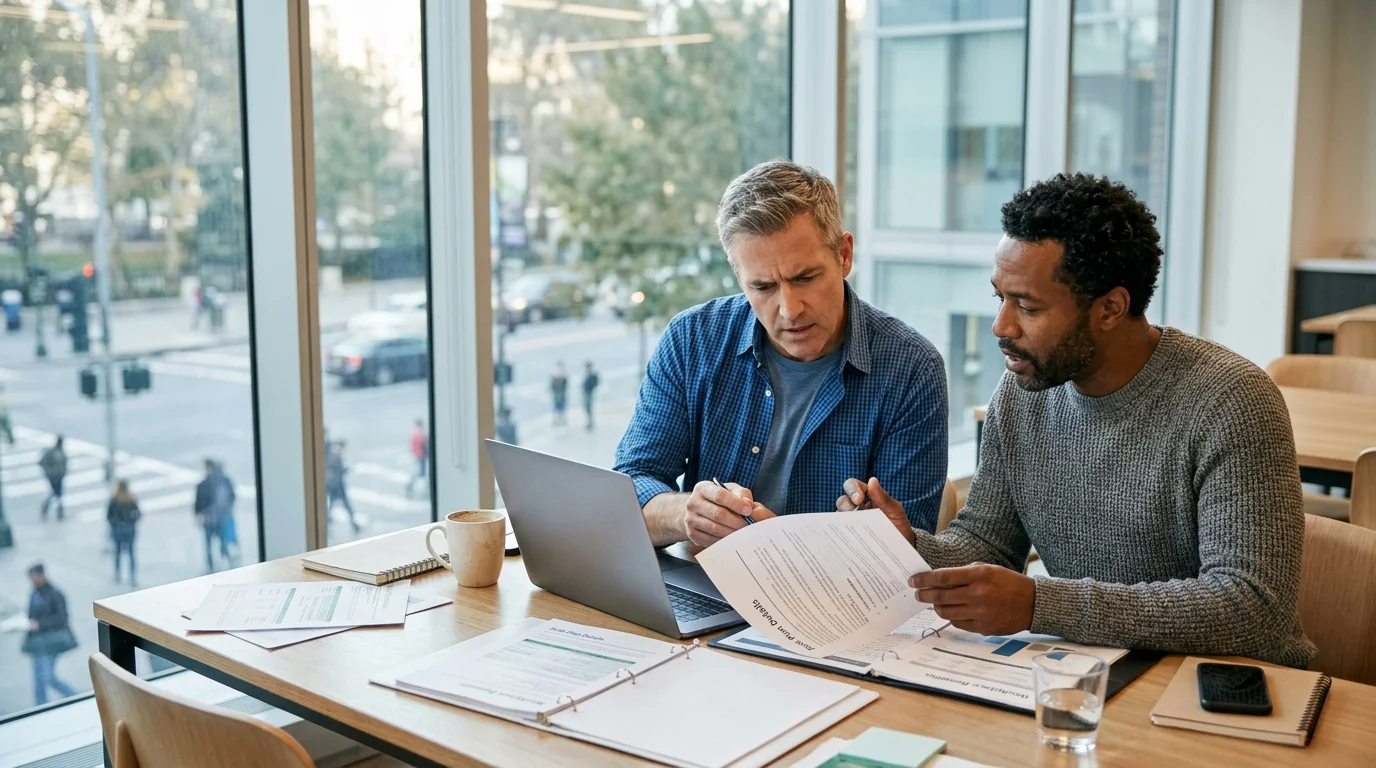 Two men sit at a wooden table by a window reviewing documents and looking at an open laptop.