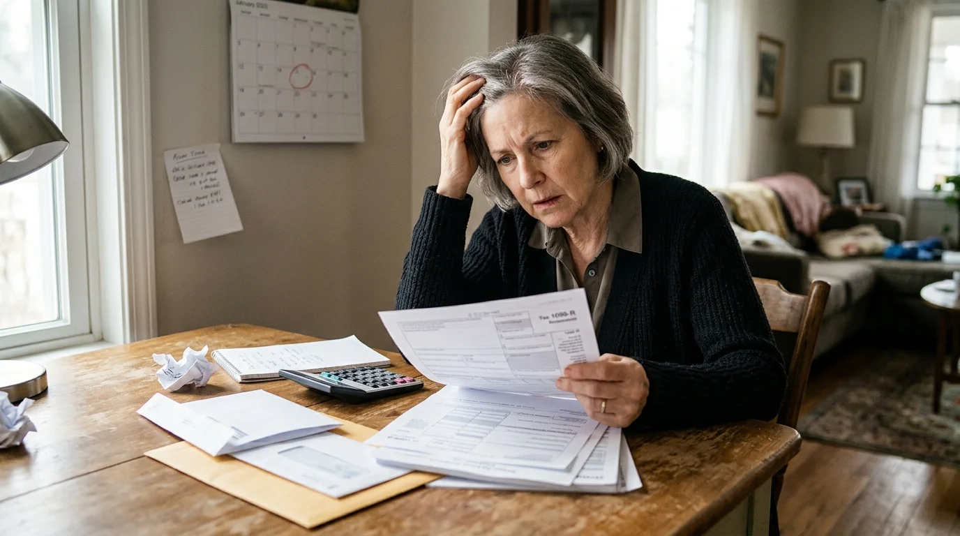 A stressed older woman sitting at a wooden table reviewing financial paperwork with a calculator nearby.