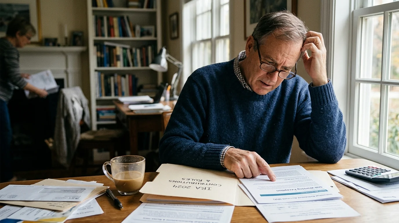 Older man in glasses sits at a desk covered in financial documents, resting his head in his hand while reading papers.