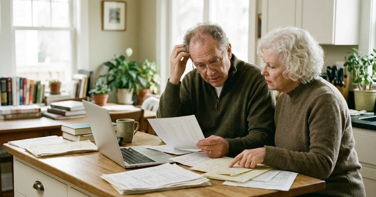 Senior couple sitting at a wooden kitchen island reviewing financial documents together in front of an open laptop.