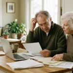 Senior couple sitting at a wooden kitchen island reviewing financial documents together in front of an open laptop.