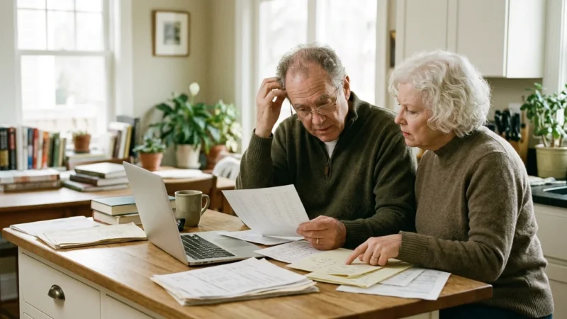 Senior couple sitting at a wooden kitchen island reviewing financial documents together in front of an open laptop.