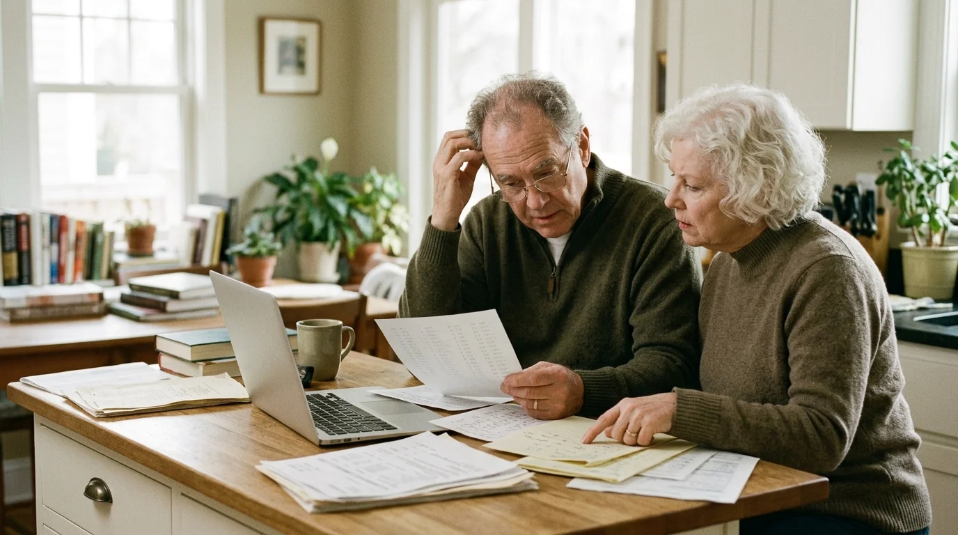 Senior couple sitting at a wooden kitchen island reviewing financial documents together in front of an open laptop.