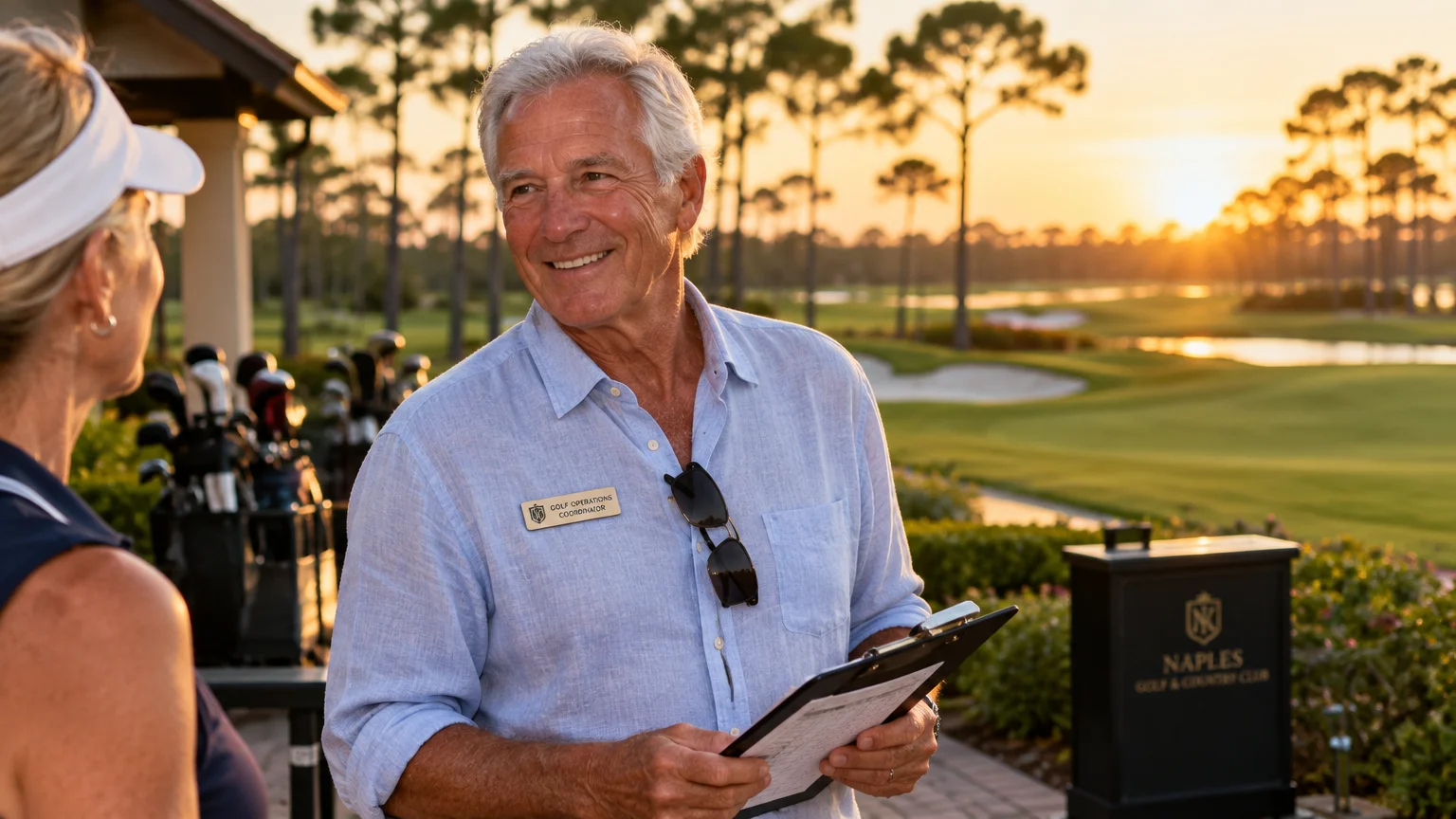 A senior male golf operations coordinator holding a clipboard talks to a woman at an outdoor country club at sunset.