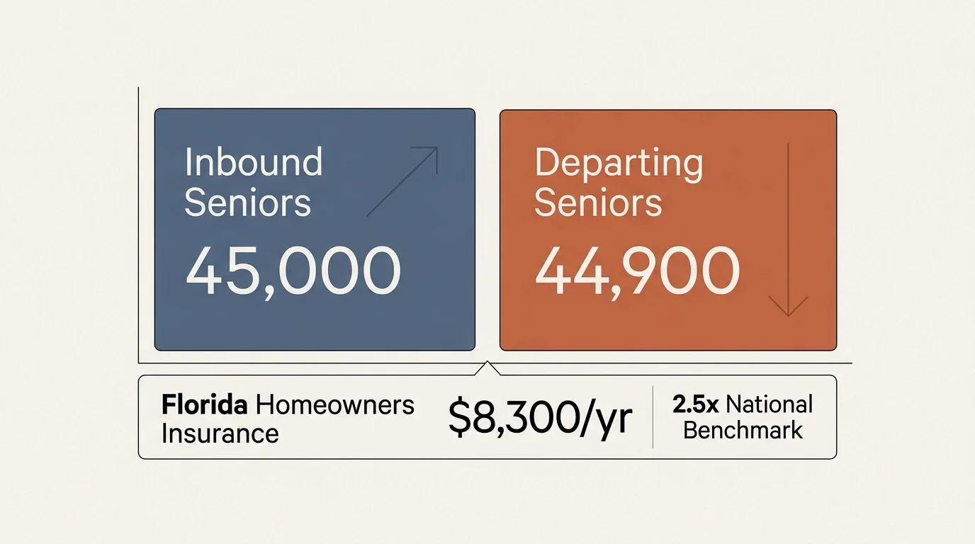 Diagram showing 45,000 inbound seniors versus 44,900 departing seniors, with Florida homeowners insurance at $8,300 per year.