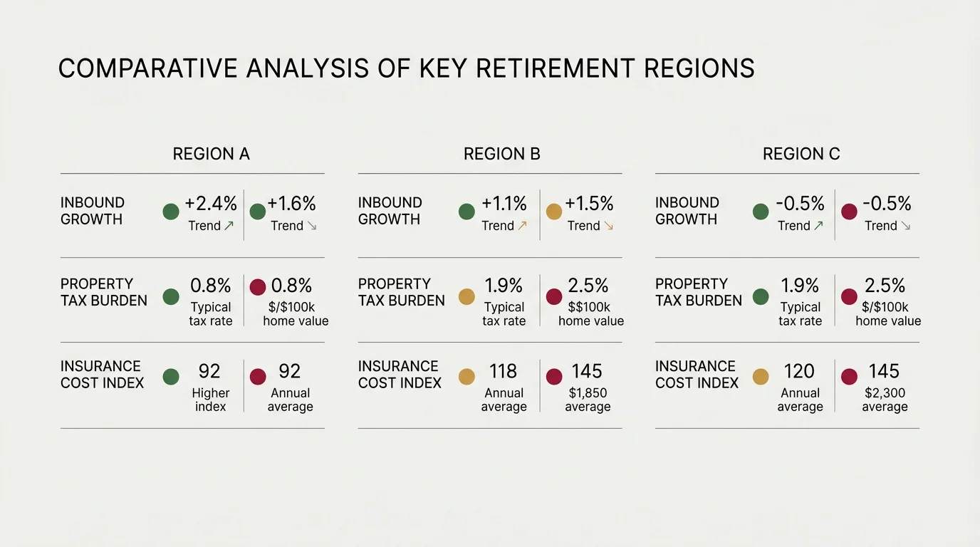 Comparative analysis chart showing inbound growth, property tax burden, and insurance cost index for Regions A, B, and C.