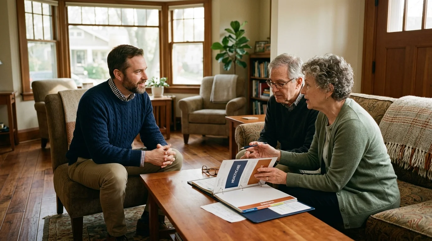 An advisor meets with an older couple in a living room, reviewing healthcare documents together at a coffee table.