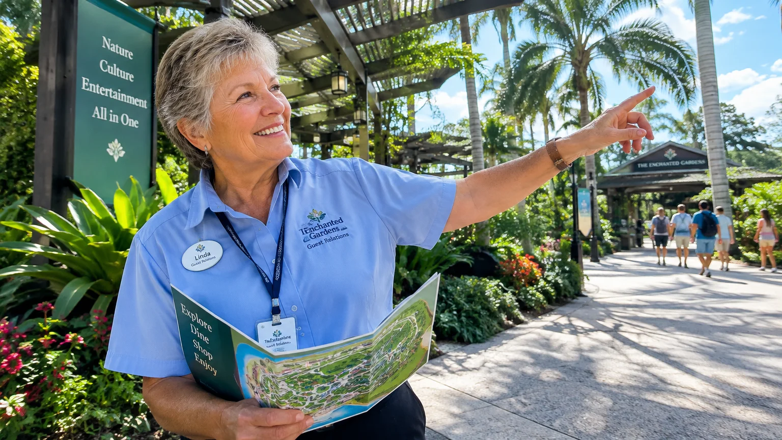 A smiling woman wearing a guest relations uniform and name tag holds a park map and points toward a walkway.